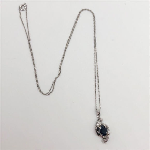 14k white gold blue sapphire and diamond pendant 14k chain necklace - Picture 4 of 10